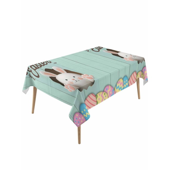 Green Easter Rectangle Tablecloth, Spring Cartoon Bunny Colorful Eggs Wood Grain Waterproof & StainResistant Tablecloth, Washable Oil-proof Table Cover for Dining/Party/Wedding/Buffet 54x108 In