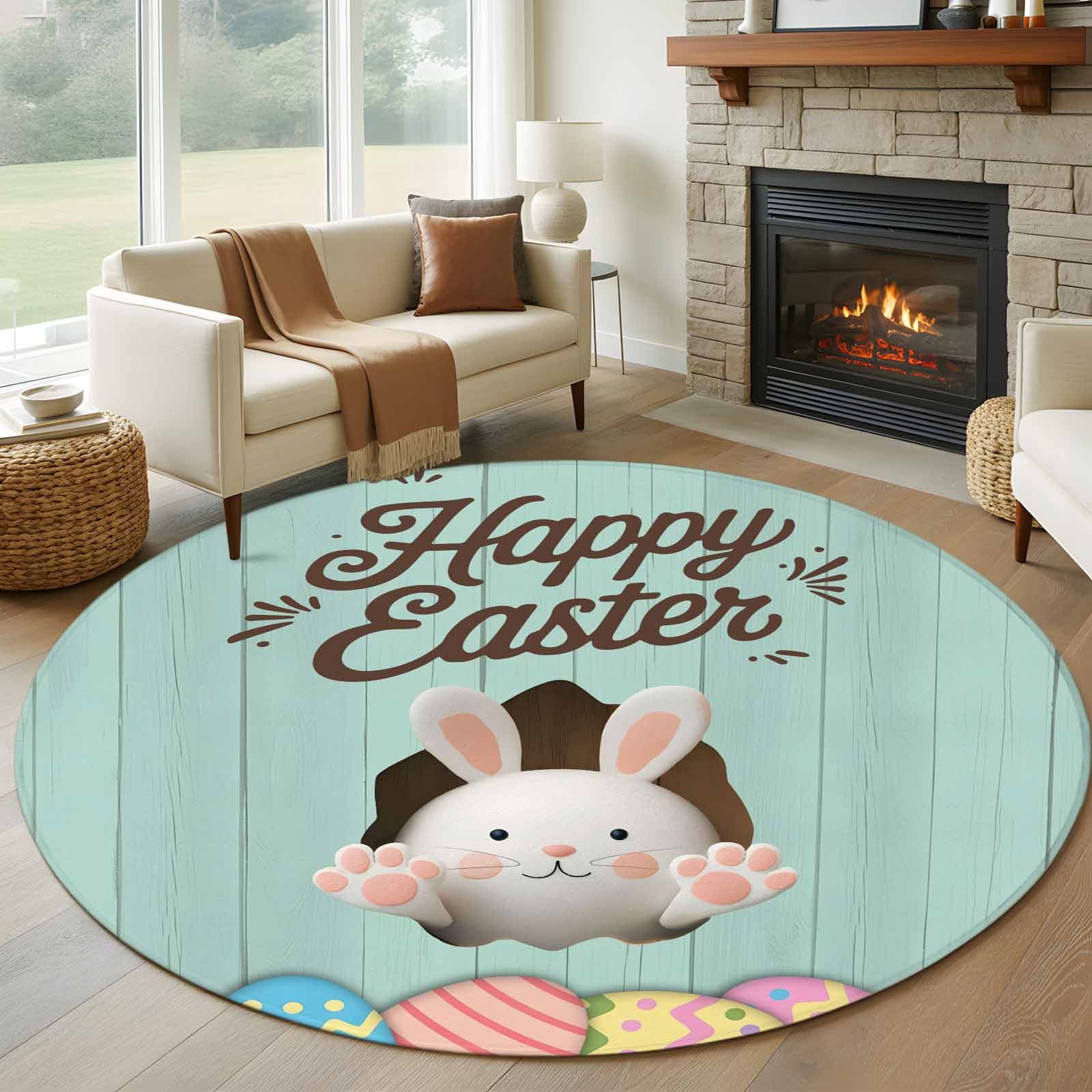 Cartoon Easter Rug Green Easter Round Area Rug 5Ft Washable Circle Rugs for Living Room ...