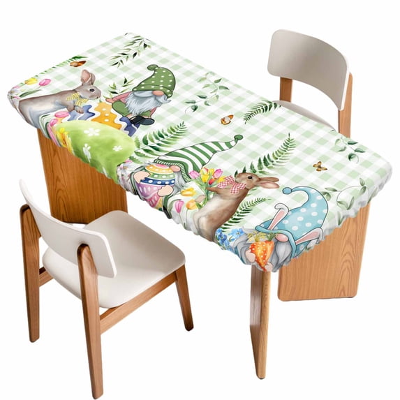 Green Easter Table Cloths for 6 Foot Rectangle Tables, Checkered Eggs Gnomes Bunny Elegant Pastoral Patio Waterproof Elastic Fitted Tablecloths, Washable Rectangular Table Cover for Camping