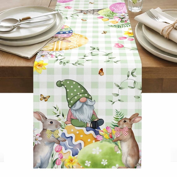 Green Easter Table Runner - 70 Inch Long, Kitchen Dining Table Runner Dresser Scarves, Checkered Eggs Gnomes Bunny Elegant Pastoral Farmhouse Decor for Coffee Tables Wedding Party Banquet