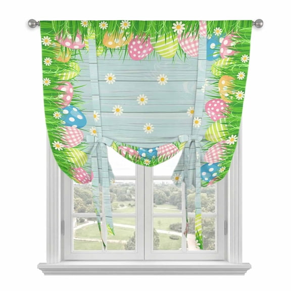 Green Easter Tie Up Curtains 45 Inches Long, Kitchen Window Curtains Over Sink, Spring Floral Eggs Elegant Pastoral Wooden Small Window Curtains Shade Balloon Curtains Valances for Bedroom 34"x45"