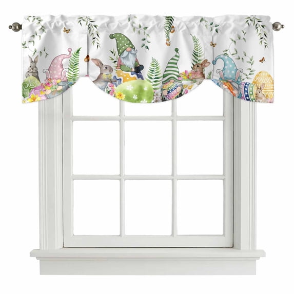 Green Easter Tie Up Valance Curtains for Windows, Kitchen Curtains Window Treatments, Eggs Gnomes Bunny Elegant Farmhouse Short Window Shades Valances for Bedroom Bathroom Cafe 42"x12"