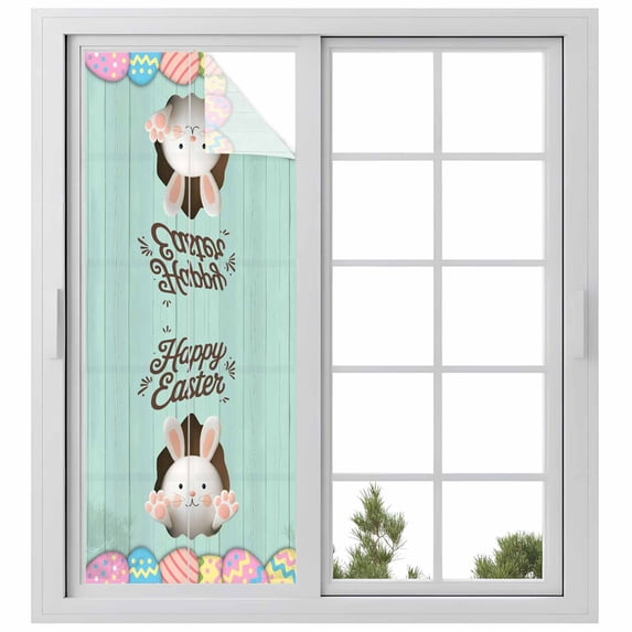 Green Easter Window Privacy Film, Spring Cartoon Bunny Colorful Eggs Wood Grain Static Cling UV Sun Blocking Heat Control Window Tint Day and Night, Non-Adhesive One Way Privacy Cover 29.5''x78.7''