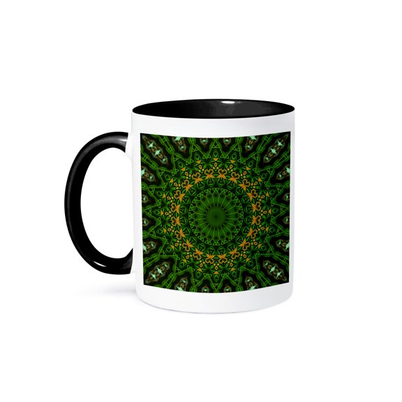 3drose, Green Eden Mandala, 11oz Two-tone Black Mug