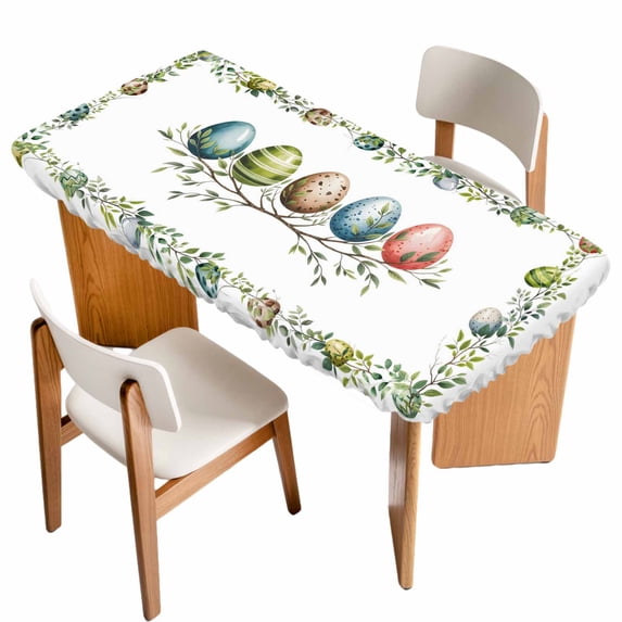 Green Eggs Easter Table Cloths for 6 Foot Rectangle Tables, Leaves Elegant Pastoral Botanical Patio Waterproof Elastic Fitted Tablecloths, Washable Rectangular Table Cover for Camping