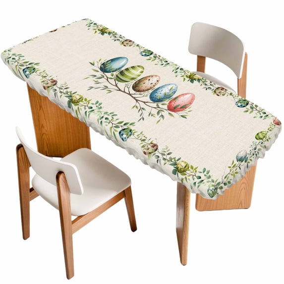 Green Eggs Easter Table Cloths for 8 Foot Rectangle Tables, Leaves Elegant Pastoral Rustic Patio Waterproof Elastic Fitted Tablecloths, Washable Rectangular Table Cover for Camping