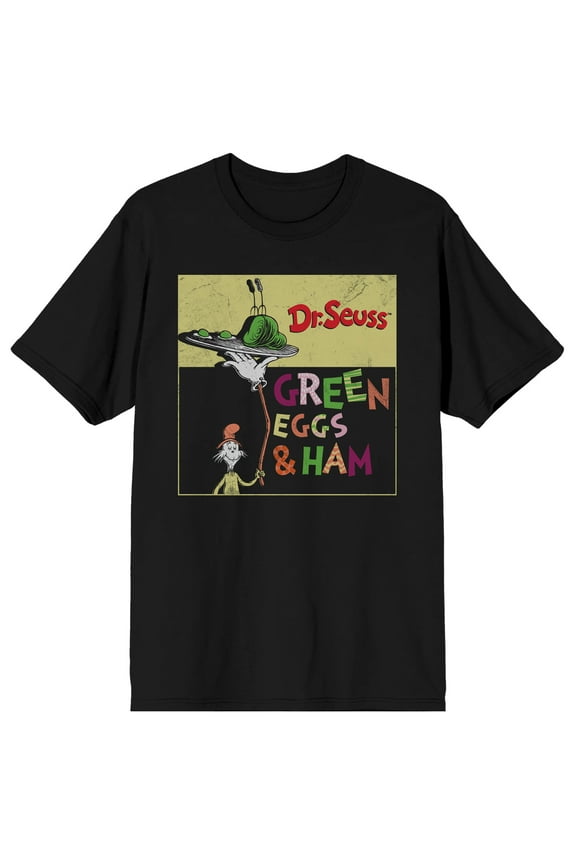 Green Eggs & Ham Sam-I-Am Logo Text Adult Black Crew Neck Short Sleeve T-shirt - Large