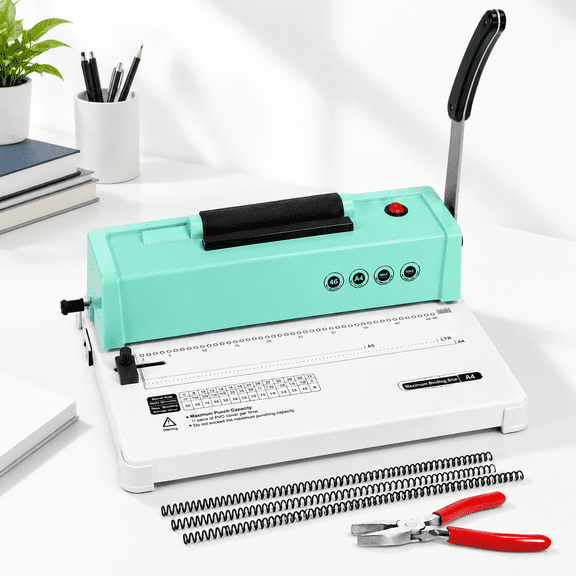 Green Electric Spiral Coil Binding Machine for Letter/A4/A5 Paper with 100 5/16'' Coils and Crimper