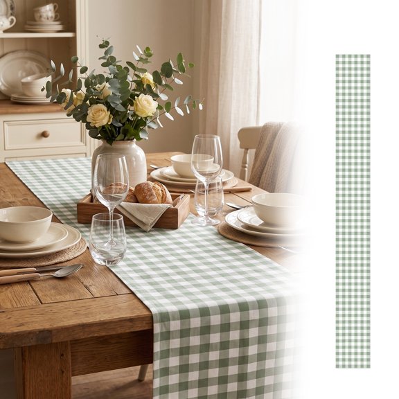 Green Elegant Plaid Table Runner, Flax Decorative Tabletop Banner for Dining Table Kitchen Island Holiday Party Home Decor, 13x90 Inch