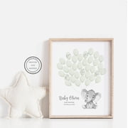 Green Elephant Baby Shower Fingerprint Tree Wall Art Print With Jungle Friends Decor