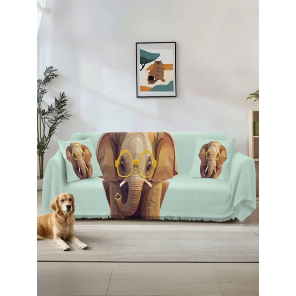 Green Elephants Couch Cover for Dogs, Funny Animals Modern Art Washable Sofa Covers Slipcover for Pets Dogs Futon Cover, Couch Recliner Covers, Oversized Chair Slipcover 71"x91"