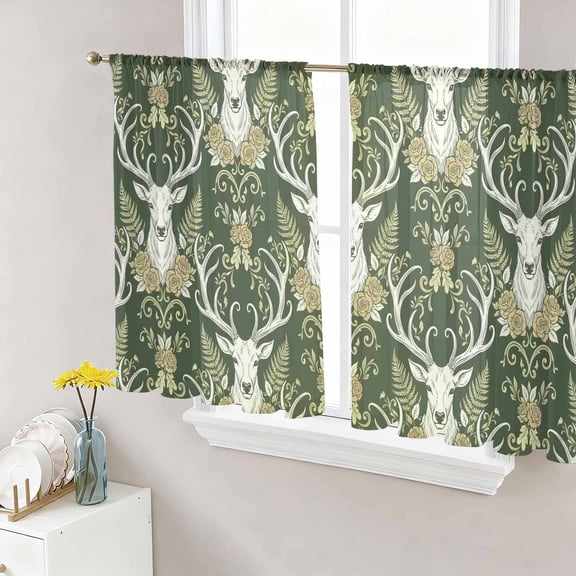 Green Elk Sheer Curtains for Living Room Bedroom Farmhouse Animals Botanical Cottagecore Sheer Curtains 54 Inch Long 2 Panels Set Light Filtering Curtain Window Treatments Drapes for Dining Room