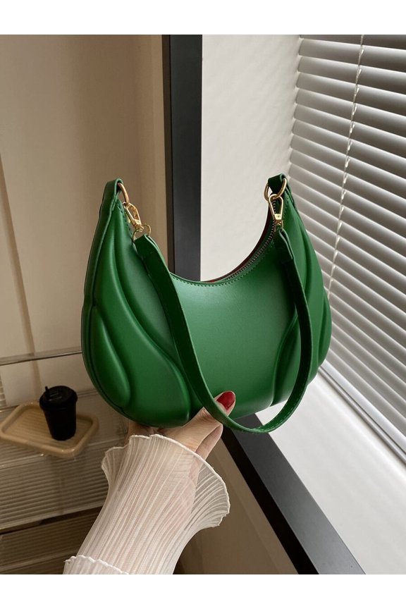 Green Embossed PU Leather Crescent Shoulder Bag With Zipper Closure