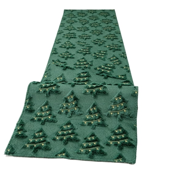 Green Embroidered Christmas Tree Table Runner, Long Strip Dining Table Scarf for Mantel Holiday Party Decor, Rollable Polyester Tabletop Decorative Cloth