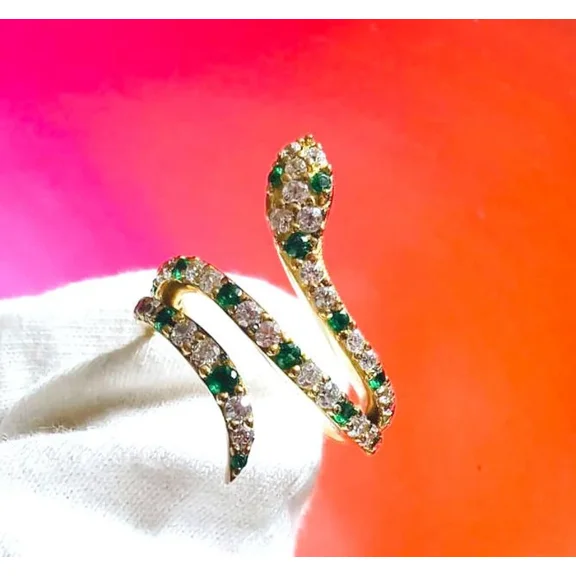 Green Emerald And Diamond Snake Band Ring Round Lab-Created Green Emerald Snake Band Ring 14K Yellow Gold Plated