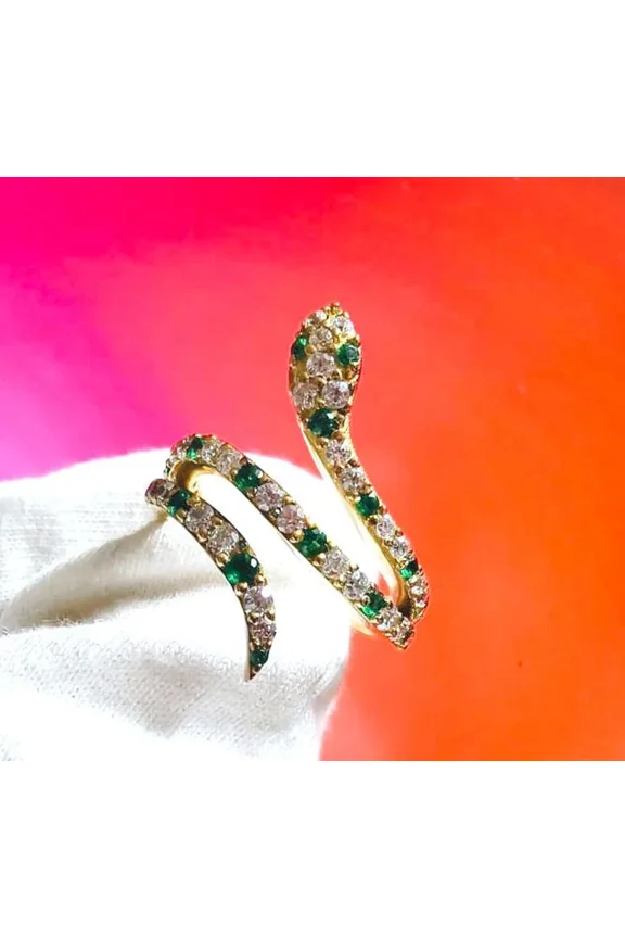Green Emerald And Diamond Snake Band Ring Round Lab-Created Green Emerald Snake Band Ring 14K Yellow Gold Plated