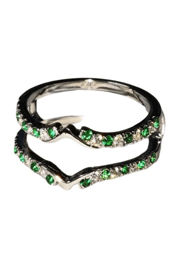 Green Emerald Diamond Ring Lab-Created Emerald Diamond Engagement Anniversary Wedding Wrap Guard Enhancer Band Ring 14K White Gold Finish