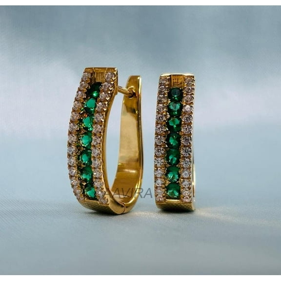 Green Emerald Huggie Earrings, 14k Yellow Gold Plated Diamond & Emerald Birthstone Jewelry
