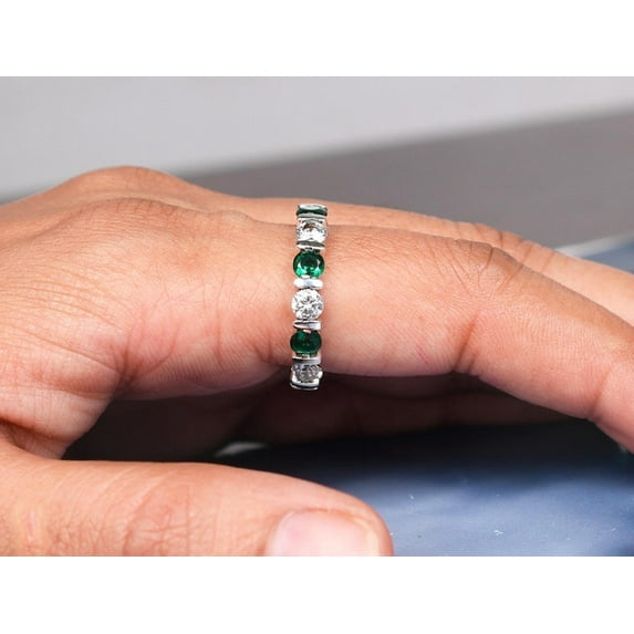 Green Emerald & Moissanite Full Eternity Wedding Band Ring Anniversary Art Deco Bridal Gift For Her