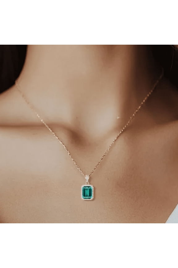 Green Emerald Necklace Halo Diamond Pendant Necklace in 925 Sterling Silver - Bridal Wedding Necklace - May Birthstone Necklace - Free 18'' inch Chain