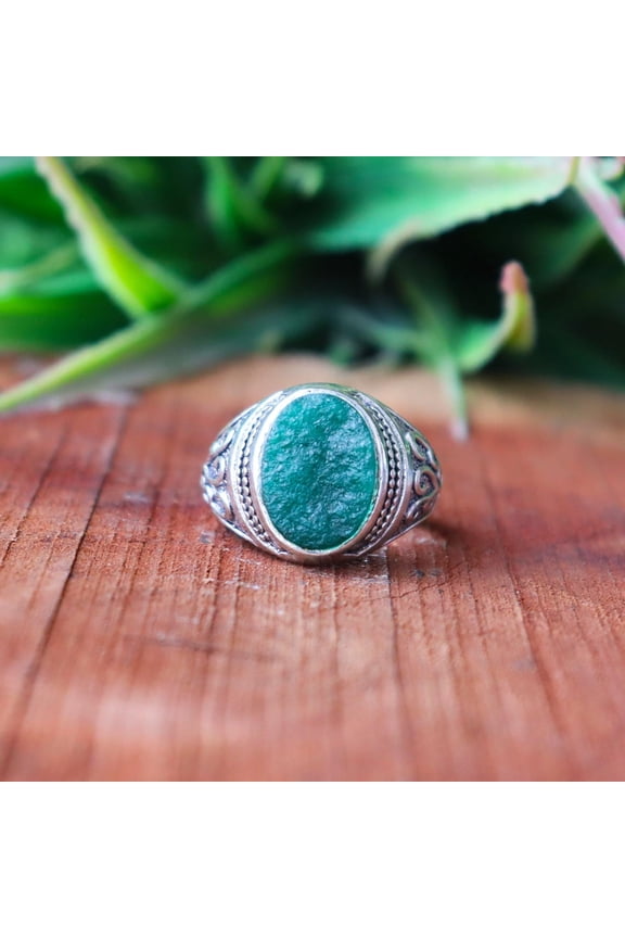Green Emerald Ring, 925 Sterling Silver Ring, Round Cabochon Ring, Handmade Textured Ring, Bold Green Emerald Ring, Boho Unisex Jewelry***