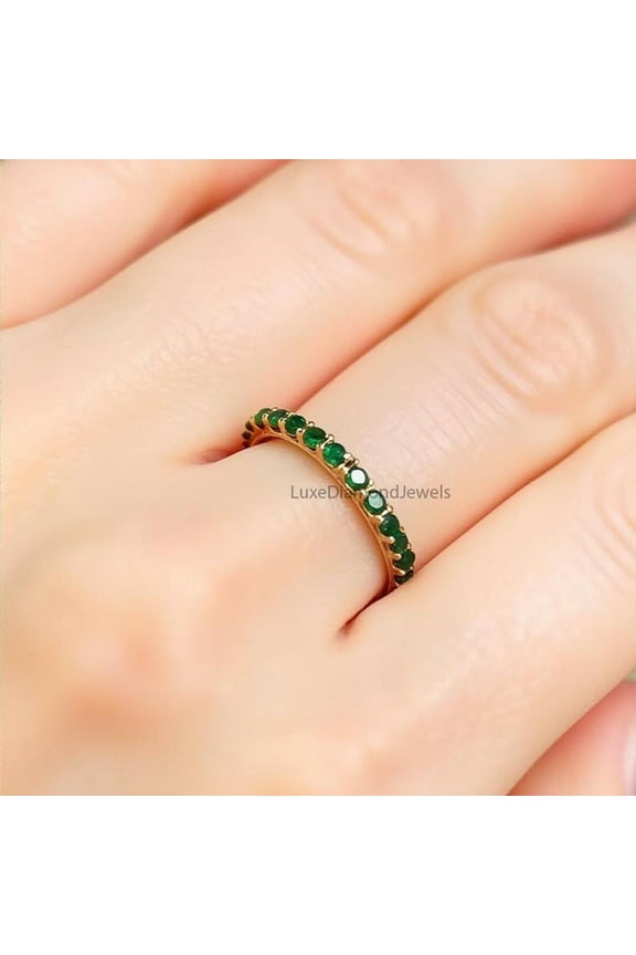 Green Emerald Ring, Full Eternity Ring, Classic Wedding Band, Minimalist Gemstone Ring, Dainty Band, Eternity Wedding Band for Bridal, Gift
