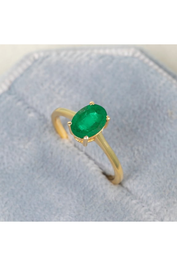 Green Emerald Solitaire Ring, Oval Gemstone Ring, 18K Gold Plated Ring, Proposal Ring, Wedding Ring, Single Stone Ring, Emerald Ring Gold, For Her