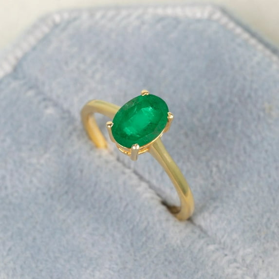 Green Emerald Solitaire Ring, Oval Gemstone Ring, 18K Gold Plated Ring, Proposal Ring, Wedding Ring, Single Stone Ring, Emerald Ring Gold, For Her