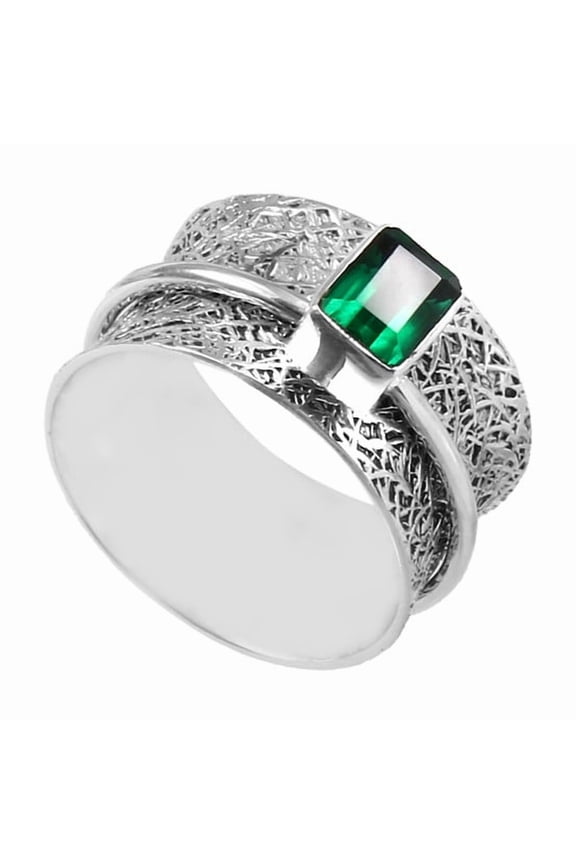 Green Emerald Textured Band 925 Sterling Silver Spin Fidget Spinning Ring Jewelry