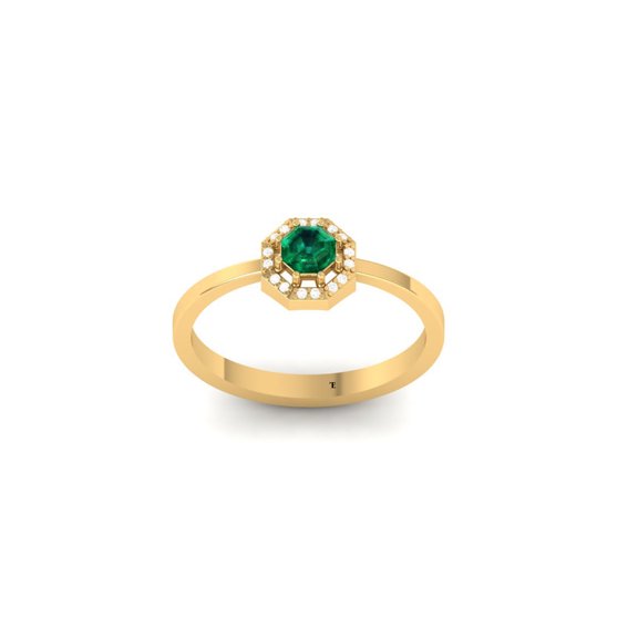 Green Emerald and Round Cut Moissanite Engagement Wedding Ring for Women, 14K Yellow Gold Plated