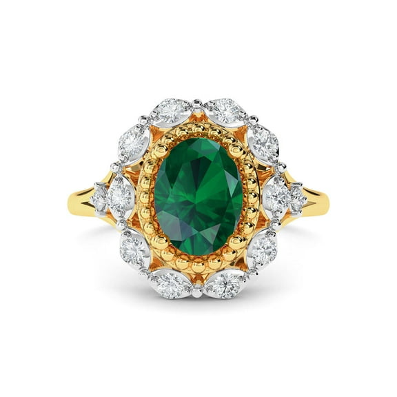 Green Emerald and diamond Ring 14k Yellow gold Plated silver wedding ring