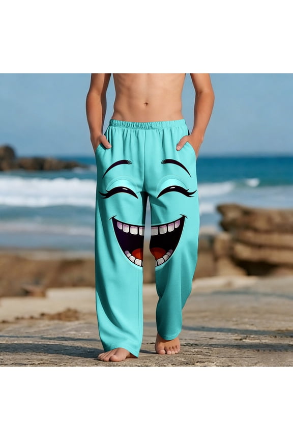 Green Emoji Pjs Pants for Boys, Kids Beachwear Sweatpants with Funny Face Print, Soft Stretchy Bottoms with Pockets, Elastic Waist Sizes 4-12,Size 4 T