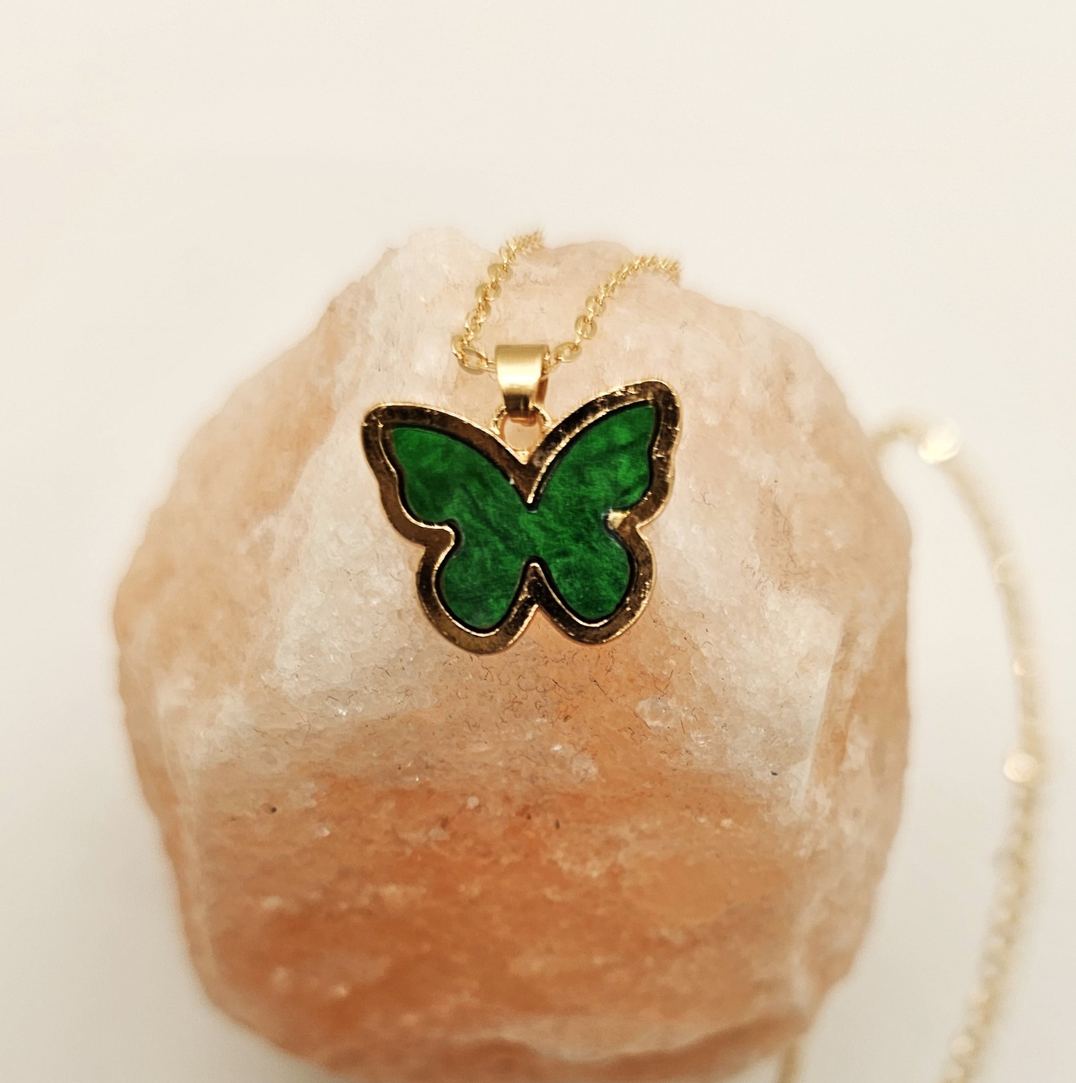 Green Enamel Butterfly Necklace, Gold Tone