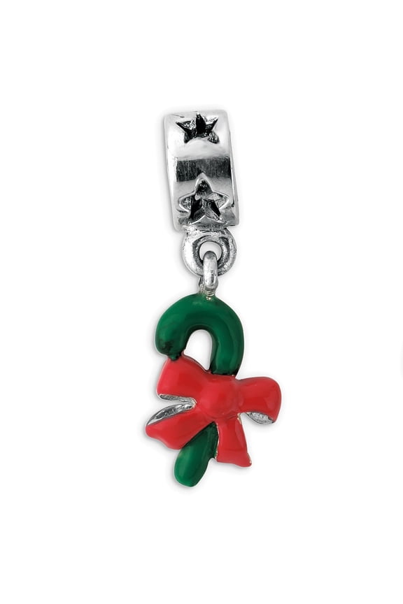 Green Enamel Candy Cane Dangle Charm .925 Sterling Silver Reflection Beads