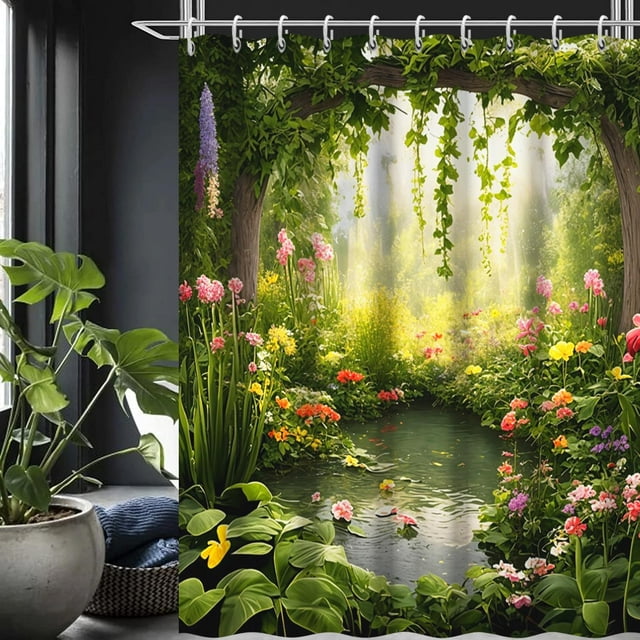 Green Enchanted Nature Forest Shower Curtain for Bathroom, Spring
