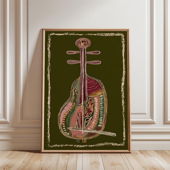 Green Erhu Poster, Abstract String Instrument, Contemporary Musical Line Art, Poster Only