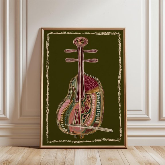 Green Erhu Poster Abstract String Instrument Illustration Contemporary Musical Line Art