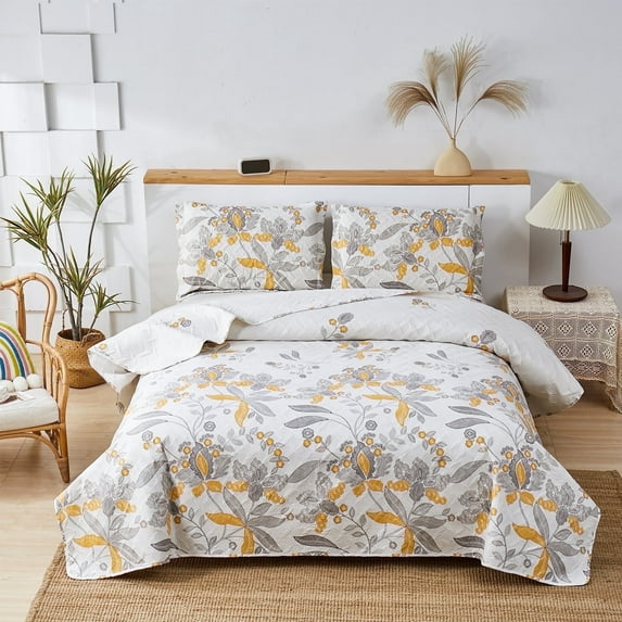 Green Essen 3 Pcs Floral Quilt Set King Size,Soft Lightweight Microfiber Bedding Quilt Reversible Coverlet, 1 Quilt & 2 Pillow Shams