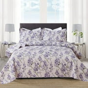 Green Essen 3 Pcs Floral Quilt Sets, Soft Lightweight Microfiber Bedspreads Reversible Purple Flower Green Leaves Coverlet, 1 Quilt & 2 Pillow Shams(Queen Size）