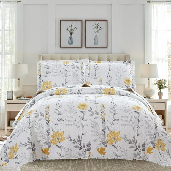 Green Essen 3 Pcs Floral Quilt Sets, Soft Lightweight Microfiber Bedspreads Reversible Yellow White Coverlet, 1 Quilt & 2 Pillow Shams(Queen Size)