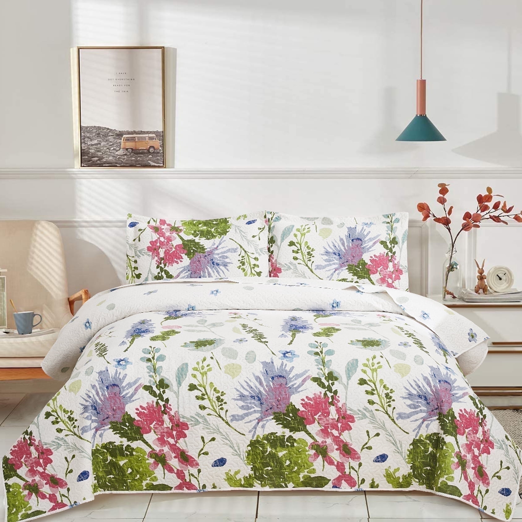 Green Essen 3 Pcs Purple Floral Quilt Sets, Soft Lightweight Microfiber Bedding Bedspreads Reversible Multicolor Flower Coverlet, 1 Quilt & 2 Pillow Shams(Twin Size）