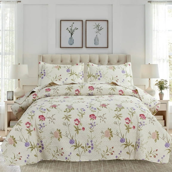 Green Essen 3 Pcs Quilt Sets, Lightweight Microfiber Bedspreads Soft Purple Floral Quilt Reversible Green Leaves Coverlet Set, 1 Quilt & 2 Pillow Shams(Queen Size)