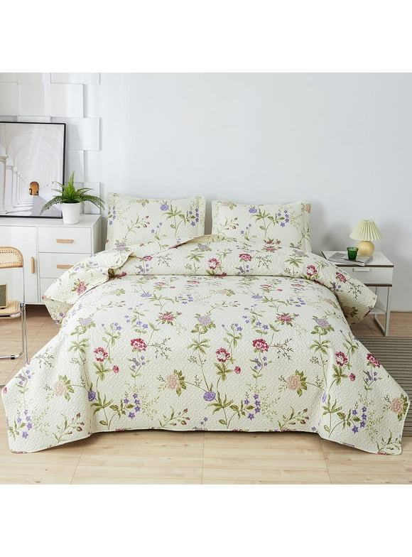 Green Essen 3 Pcs Quilt Sets, Lightweight Microfiber Bedspreads Soft Purple Floral Quilt Reversible Green Leaves Coverlet Set, 1 Quilt & 2 Pillow Shams(King Size)