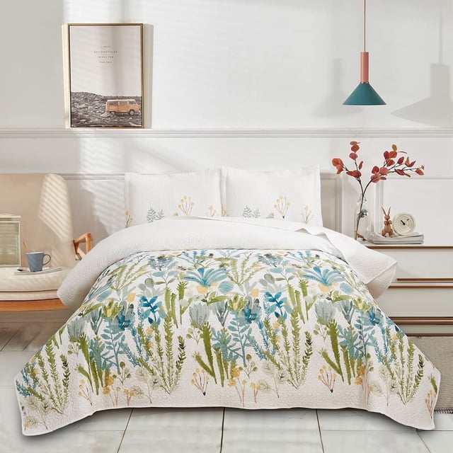 Green Essen 3 Pcs Yellow Blue Floral Bedspread Queen/Full Green Leaves Microfiber Quilts