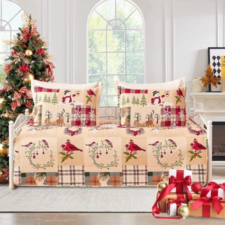 Green Essen 3 Piece Christmas Reindeer Bells Reversible Daybed Cover Set Cozy Daybed Bedding Sets Double Sided Quilting Bedspread Day Bed Cover With 2 Standard Shams,39"x75"