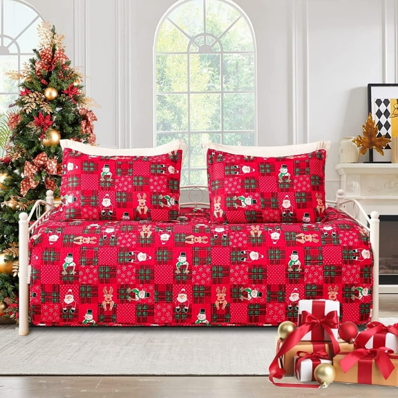 Green Essen 3 Piece Christmas Reindeer Reversible Daybed Cover Set Lovely Santa Claus Snowman Cozy Daybed Bedding Sets Double Sided Quilting Bedspread Day Bed Cover With 2 Standard Shams,39"x75"