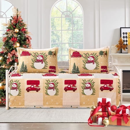 Green Essen 3 Piece Christmas Tree and Snowman Reversible Daybed Cover Set Cozy Daybed Bedding Sets Double Sided Quilting Bedspread Day Bed Cover With 2 Standard Shams,39"x75"