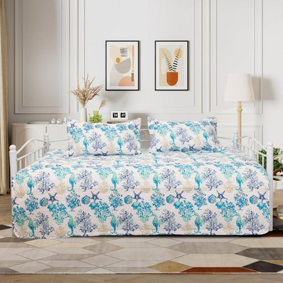 Green Essen 3 Piece Reversible Daybed Cover Set Cozy Daybed Bedding Sets Double Sided Quilting Bedspread Day Bed Cover With 2 Standard Shams,39"x75"(Ocean animal)