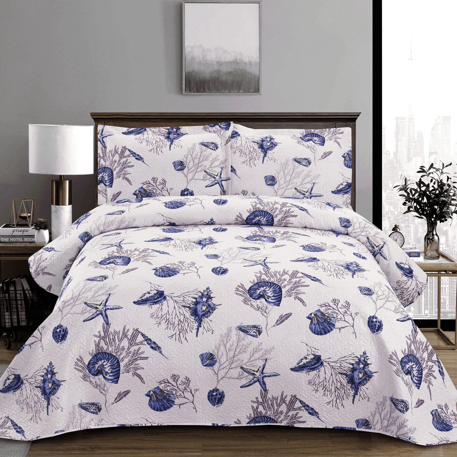 Green Essen 3 Pieces Quilt Set Queen/Full Size,Soft Microfiber Bedding Sets Lightweight Bedspread Reversible Coverlet Bed Cover(ocean shell)