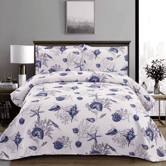 Green Essen 3 Pieces Quilt Set Queen/Full Size,Soft Microfiber Bedding Sets Lightweight Bedspread Reversible Coverlet Bed Cover(ocean shell)